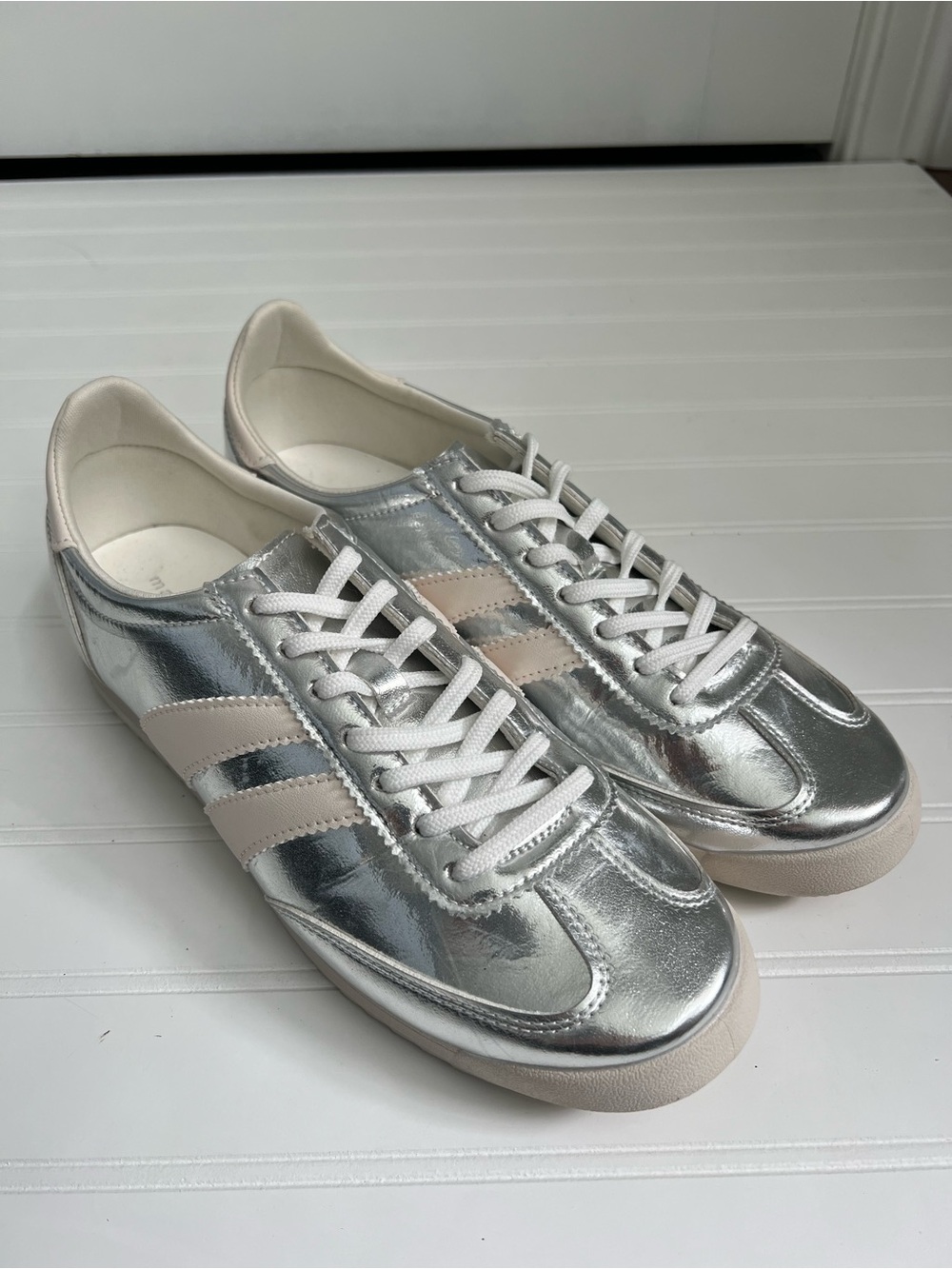 Madden Girl Metallic Silver Sneakers with Cream Stripes